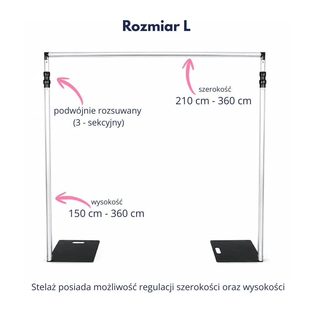 Stelaż regulowany 1,5 - 3,6m, rozmiar L, stojak do ścianki cekinowej, dekoracyjnej, Pipe and Drape