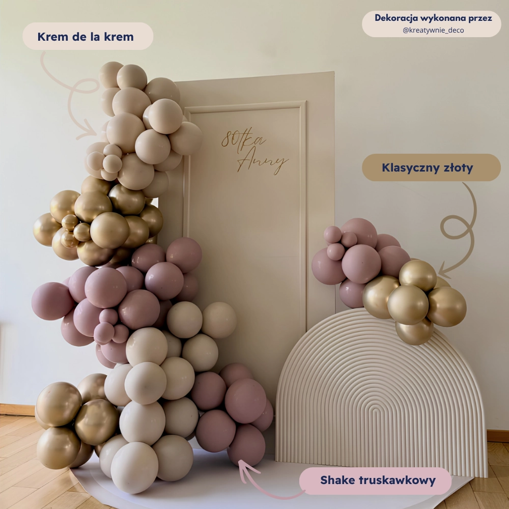 balony, dekoracja, różowo złoto kremowa
