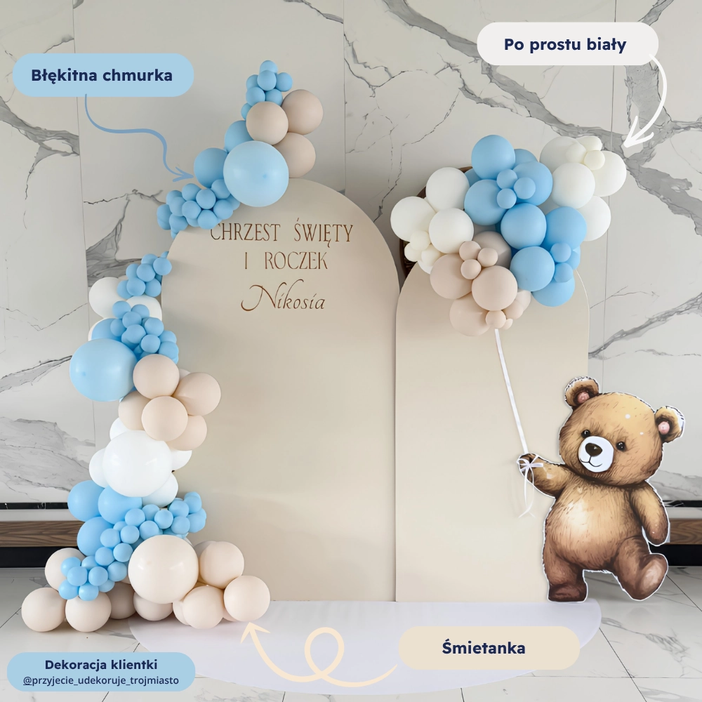 balony błękitne, niebieskie i biało kremowe