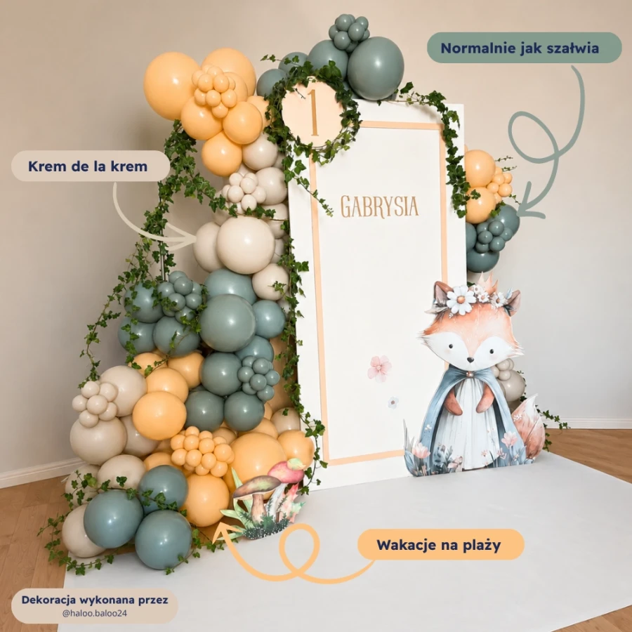 dekoracja balonowa, zielone, krem i brzoskwinia pastelowa