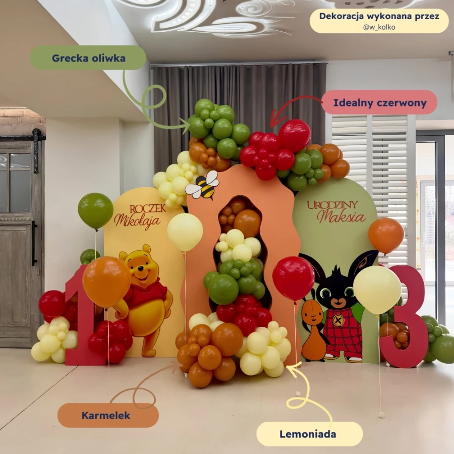 dekoracja balonowa grecka oliwka, czerwony, lemoniada, karmelek